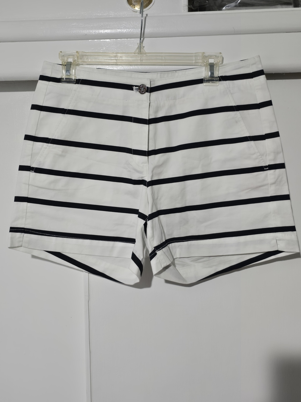 White Shorts with Dark Blue Horizontal Stripes